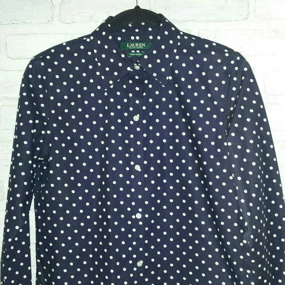 Lauren Ralph Lauren Navy Blue Polkadot Non Iron Button Down Shirt S - Picture 5 of 13